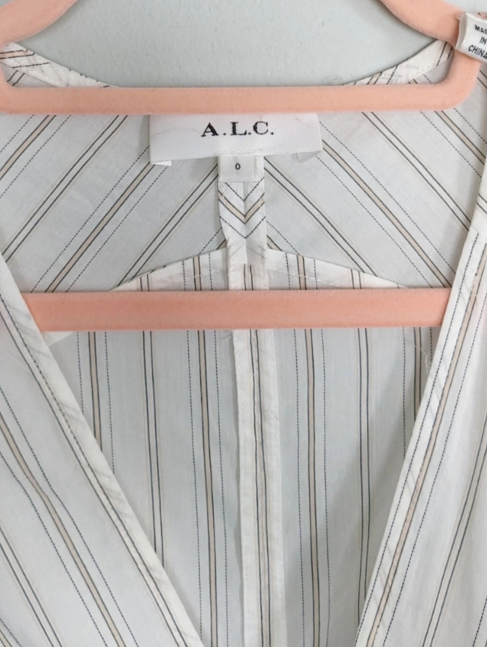A.L.C. ENZO STRIPED PUFF SLEEVE WRAP DRESS IN WHITE/SALMON - Picture 3 of 9